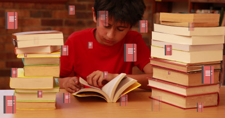 Image of books moving over schoolboy reading book. children's book day, reading and education...