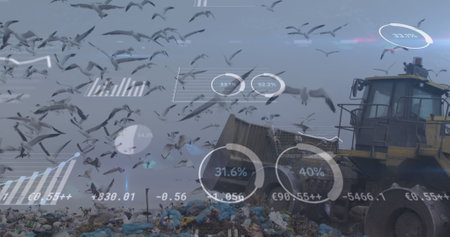 Image of statistics recording over bulldozer in rubbish disposal site. environment, global warming and climate change concept digitally generated image.の写真素材