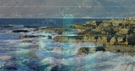 Statistical data processing against sea waves hitting the rocks. computer interface technology and nature conceptの写真素材