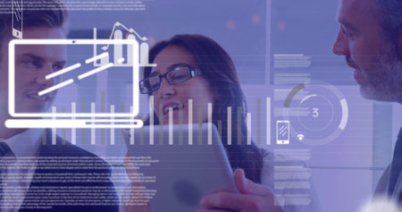 Image of data processing and digital icons over group of people using digital tablet and smartphone...