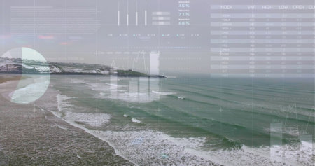 Image of financial graphs and data over seascape. global economy, finance, sustainability and nature...