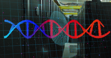 Image of dna strand with biometric fingerprint over computer servers. Global data processing,...