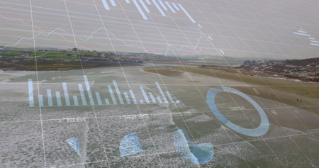 Image of financial graphs and data over seascape. global economy, finance, sustainability and nature...