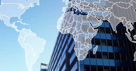 Image of world map over city. Global business and digital interface concept digitally generated...