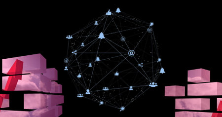 Image of network of media icons with pink blocks and upward arrow on black. Global networking and technology concept.の写真素材
