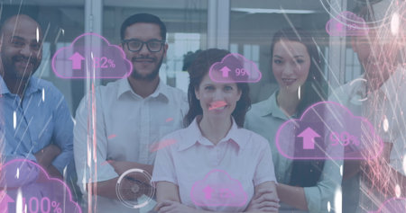 Image of cloud with uploading over happy diverse businesspeople looking at camera. Business,...
