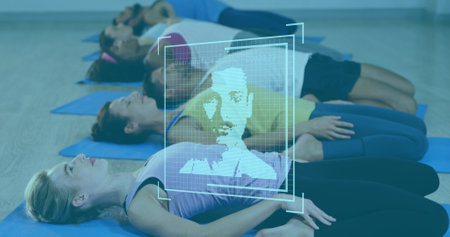 Image of profile icons over group of diverse fit people performing stretching exercise at gym. Sports and fitness technology conceptの写真素材