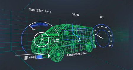 Image of electric car icons and data processing over 3d car drawing. Global electric car...