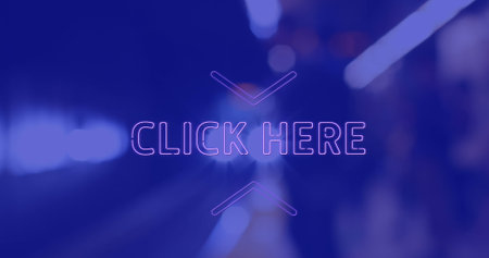 Image of click here neon text banner against train arriving at a station. Social media networking...