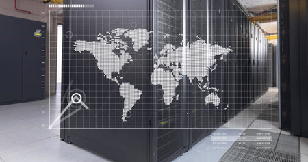 World map and graphs processing data over computer server room. Communication, data and digital...