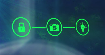 Image of icons connected with lines over multiple infographic interfaces in background. Digitally generated, hologram, global, report, finance, business, ideas, communication, technology concept.の写真素材