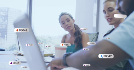 Image of social media icons with numbers over diverse business people. Global business, social media...