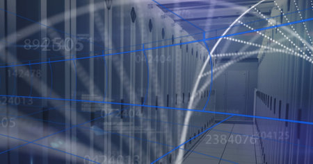Image of data processing and dna strand over server room. global technology, computing and digital...