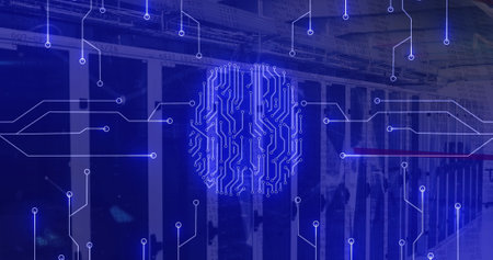 Image of neon brain and network of connections over server room. Global business and digital...
