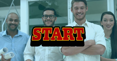 A group of people smile and stand with their arms crossed in slow motion. Green background with hypnotic red geometric shapes. Text reads image game with alpha channel.の写真素材