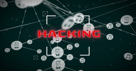 Red HACKING text glowing in center, connected by white lines to icons. Red background featuring...