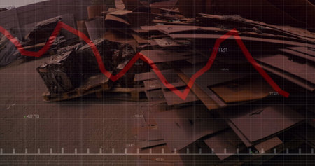 Image of financial data processing over junkyard. Global business, finances, data processing and...