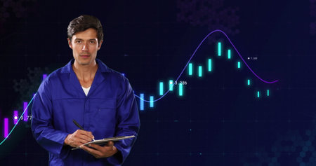 Image of diverse financial data and graphs over over caucasian male worker writing. Transport,...