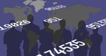 Image of numbers changing over people silhouettes and world map. global networking technology...