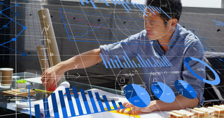 Image of graphs, mathematical equation and diagrams, asian architect using calculator in office....