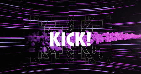 Image of kick text with exclamation over lens flare moving and cubes against lines in background. Digitally generated, hologram, illustration, strike, thrust, abstract and technology concept.の写真素材