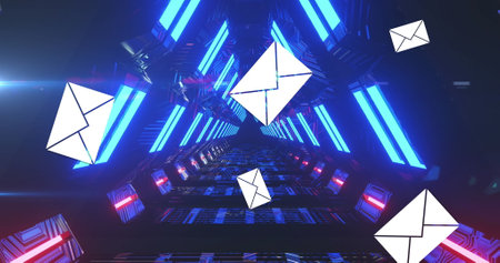 Image of envelope icons over digital tunnel. social media and digital interface concept digitally generated image.の写真素材