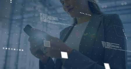 Image of financial data processing over caucasian businesswoman using smartphone. Global finance,...