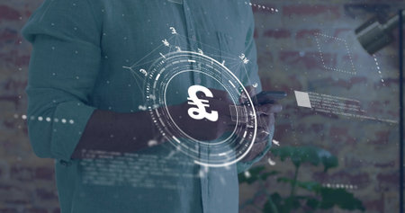 Image of connections and pound currency symbol over caucasian man using smartphone. Global finance, business, connections, computing and data processing concept digitally generated image.の写真素材