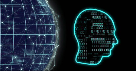 Image of binary coding data processing over head and globe. Global artificial intelligence,...