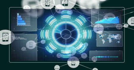 Image of network of connections with icons and data processing. Global connections, computing and...