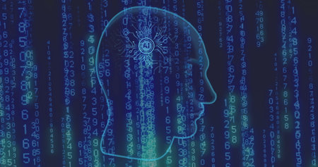 Image of human head and ai data processing over binary coding. Global artificial intelligence, data processing, computing and digital interface concept digitally generated image.の写真素材