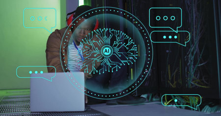 Image of human brain ai data processing over african american man using lapt. Global artificial intelligence, data processing, computing and digital interface concept digitally generated image.の写真素材