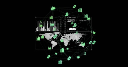 Image of data processing and globe over black background. Global finance, business, connections,...