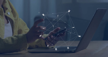 Image of currency signs, network and data processing over caucasian woman using smartphone. Global finance, business, connections, computing and data processing concept digitally generated image.の写真素材