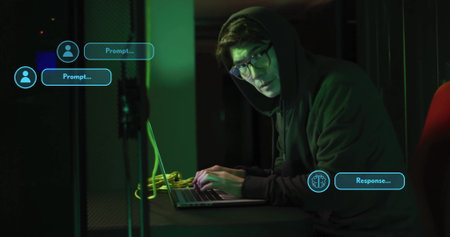 Image of globe ai data processing over asian man with laptop by servers. Global artificial...