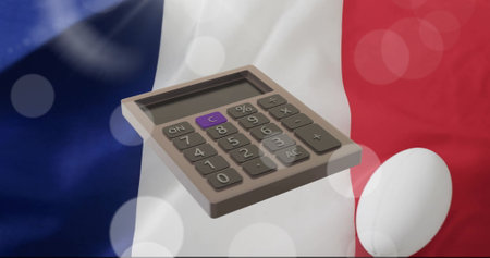 Image of calculator over flag of france. Global finance, business, connections, computing and data processing concept digitally generated image.の写真素材