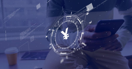 Image of yen sign, network and data processing over caucasian man using smartphone. Global finance, business, connections, computing and data processing concept digitally generated image.の写真素材