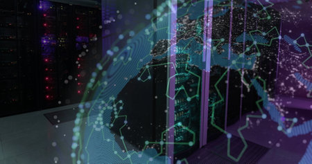 Image of globe with connections over computer server. Global artificial intelligence, data...