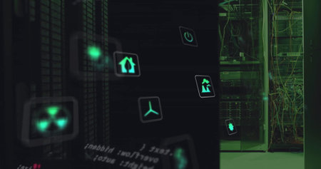 Image of eco icons and data processing over computer servers. Global finance, business, connections,...