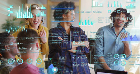 Image of financial data processing over diverse business people in office. Global finance, business, connections, computing and data processing concept digitally generated image.の写真素材