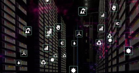 Image of eco icons and data processing over computer servers. Global finance, business, connections,...
