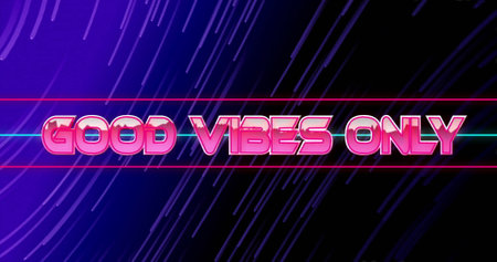 Image of good vibes only text over light trails on blue background. Communication, social media, shapes and digital interface concept digitally generated image.の写真素材