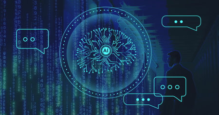 Image of ai data processing over caucasian man by computer servers. Global artificial intelligence, data processing, computing and digital interface concept digitally generated image.の写真素材