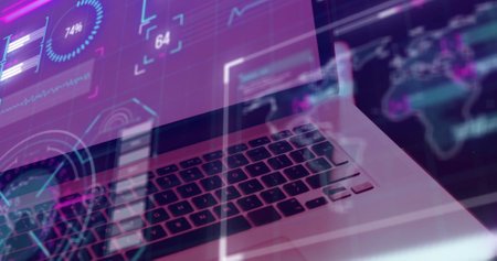 Image of screens with data processing over laptop. Global artificial intelligence, connections, computing and data processing concept digitally generated image.の写真素材