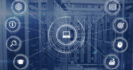 Image of network of connections with icons and data processing over computer servers. Global...