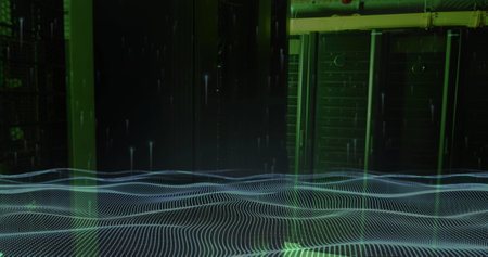 Image of ai data processing and mesh over computer server. Global artificial intelligence, data...