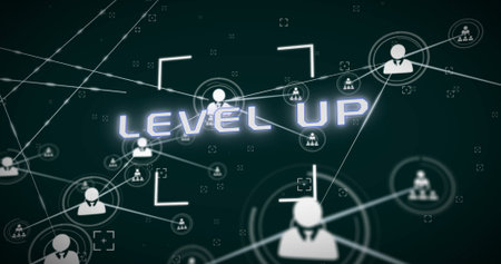 Image of level up text, network of connections with icons and data processing. Global connections,...
