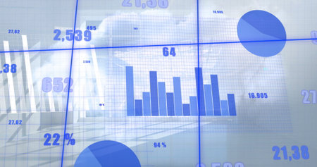 Image of blue charts and processing data over sunny room and cloudy sky. Data, digital interface, connection, processing, finance, business and communication, digitally generated image.の写真素材