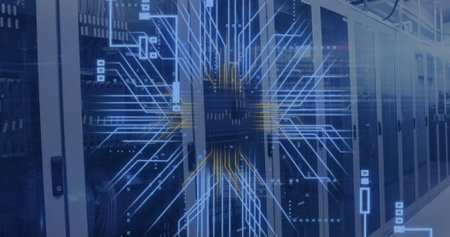 Image of circuit board and data processing over computer servers. Global connections, computing and...
