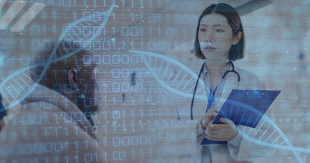 Image of dna strands and data processing over diverse doctor and patient in hospital. Global medicine, healthcare, computing and digital interface concept digitally generated image.の写真素材